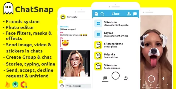 ChatSnap - Snapchat clone social network friend face filters chat editor + android studio + firebase