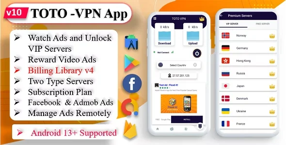 TOTO v6.0 – VPN, VPN App, Facebook Ads, Admob Ads, Ads Manage Remotely, VPN, VPN Subscription Plan App Source