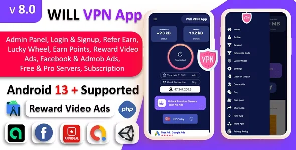 WILL VPN App - VPN App With Admin Panel | Secure VPN & Fast VPN | Refer & Earn | Reward Lucky Wheel